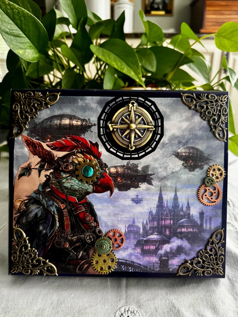 Steampunk wood cigar box mixed media Aviary Art with Brass Accents 8.5”x 7.5”x2” - Picture 6 of 9